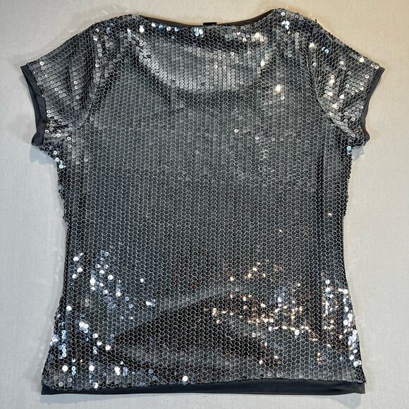 August Silk Knits Silver Sequin Scoop Neck Short Sleeve Top Woman's L - Picture 4 of 14